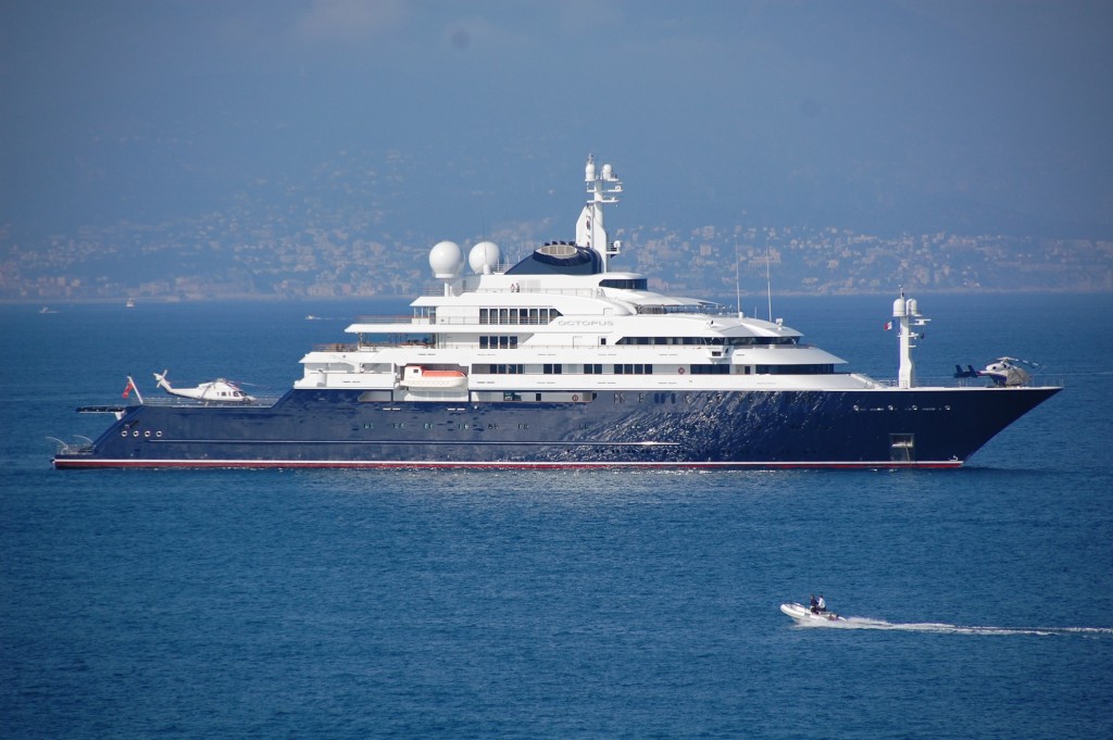 I wonder how many hours Paul Allen of Microsoft fame has to work to fill his yacht’s gas tank? Count them—not one but two helicopters. Three would have been too many!